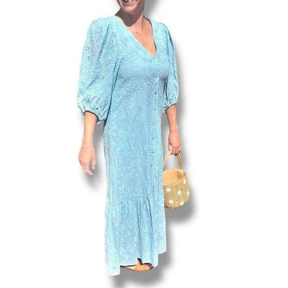 HALE BOB Gail Maxi Dress - Blue Floral Eyelet Women’s Size Small- Belt not incl - Picture 16 of 16